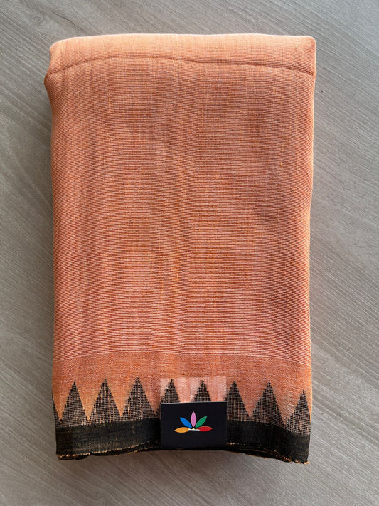 Double Tone (Peach Orange/Off White) Handwoven Temple Border Fine Linen Saree -31245