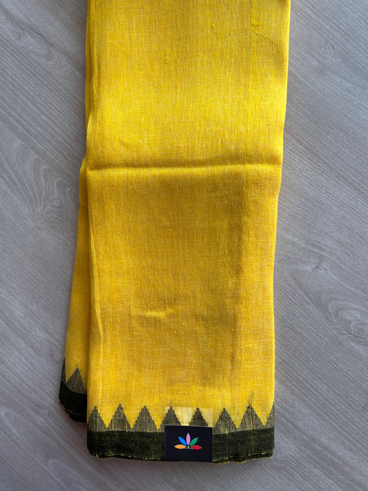 Marigold Yellow Handwoven Temple Border Fine Linen Saree -31246