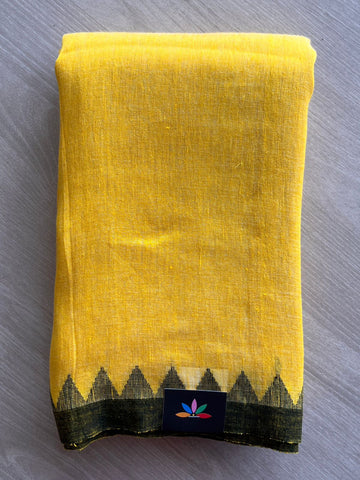 Marigold Yellow Handwoven Temple Border Fine Linen Saree -31246