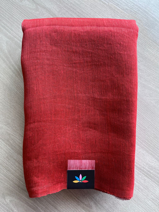 Deep Red Handwoven Linen Silk Jamdani Saree - 31247