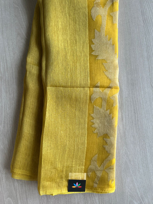 Golden Mustard Yellow Handwoven Linen Silk Jamdani Saree - 31249