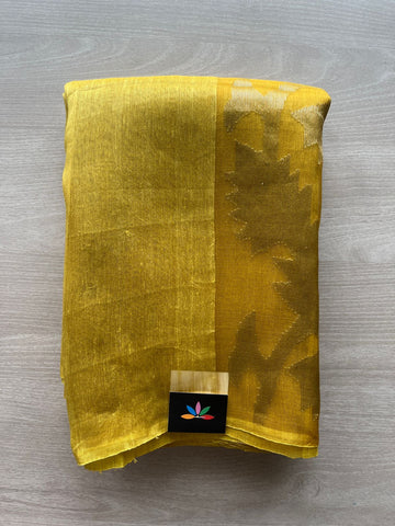 Golden Mustard Yellow Handwoven Linen Silk Jamdani Saree - 31249