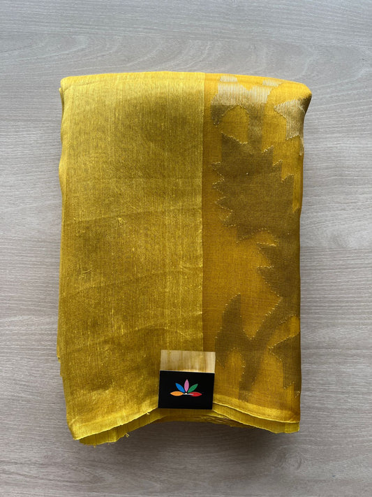 Golden Mustard Yellow Handwoven Linen Silk Jamdani Saree - 31249