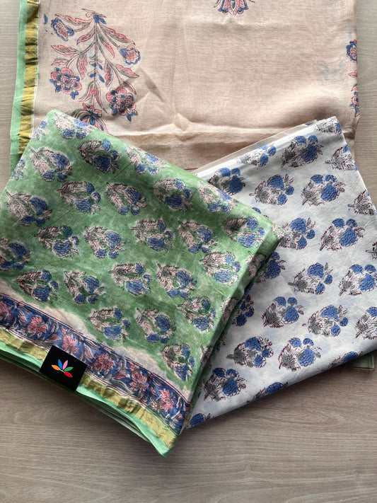 Hand Block Printed Chanderi Cotton Silk 3 Piece Set - 31328