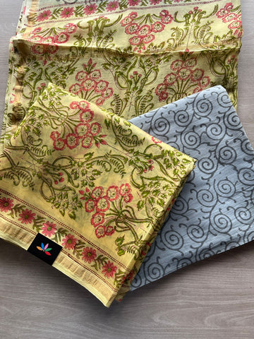 Hand Block Printed Chanderi Cotton Silk 3 Piece Set - 31329