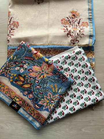 Hand Block Printed Chanderi Cotton Silk 3 Piece Set - 31333