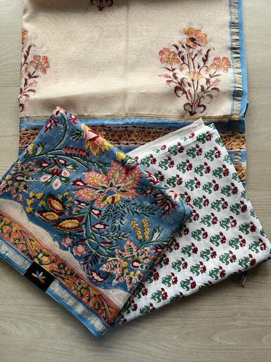 Hand Block Printed Chanderi Cotton Silk 3 Piece Set - 31333