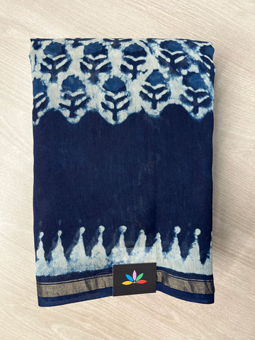 Blue Zodiac Handblock Printed Chanderi Cotton Silk Saree -31336-31340