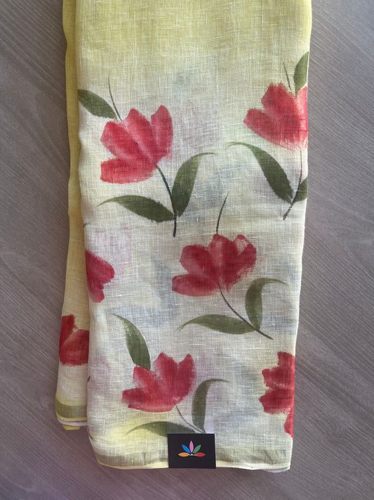 Light Yellow Designer Handblock Printed Fine Linen Saree-31410
