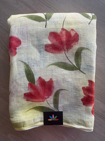 Light Yellow Designer Handblock Printed Fine Linen Saree-31410