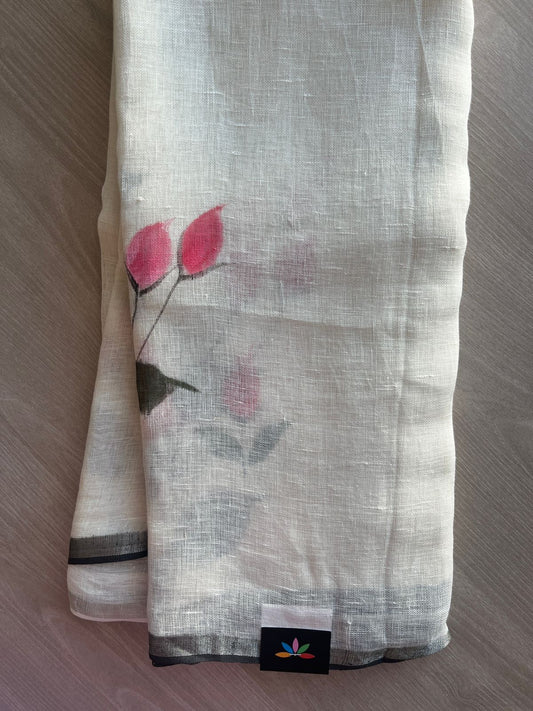 Off-White Designer Handblock Printed Fine Linen Saree-31411