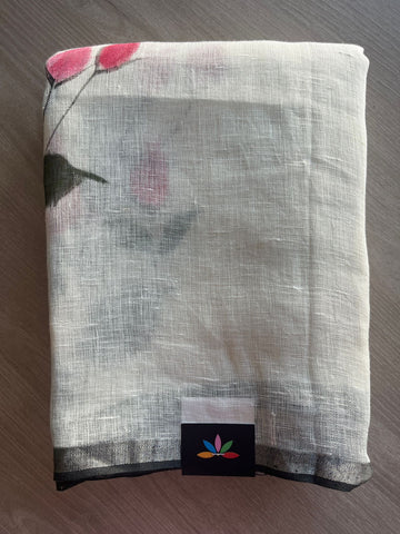 Off-White Designer Handblock Printed Fine Linen Saree-31411