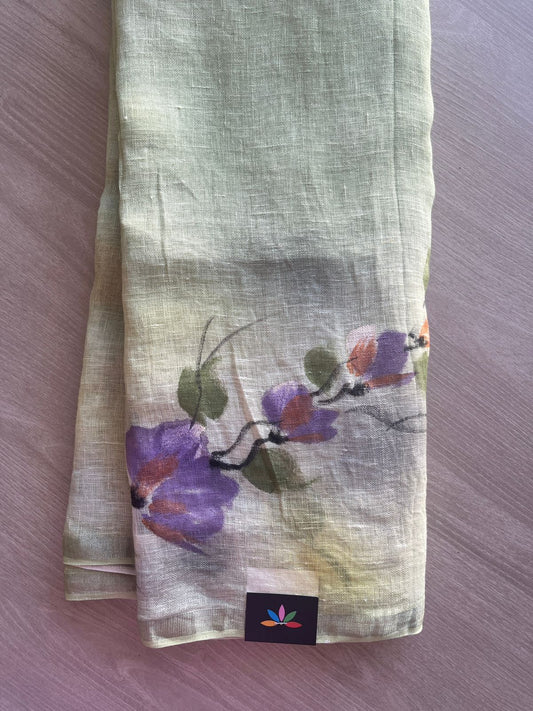 Multi Color Designer Handblock Printed Fine Linen Saree-31412