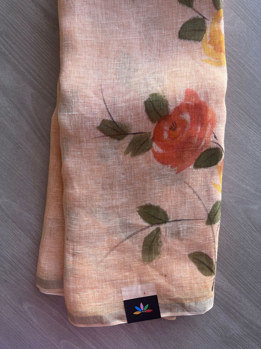Crayola Peach Designer Handblock Printed Fine Linen Saree-31414