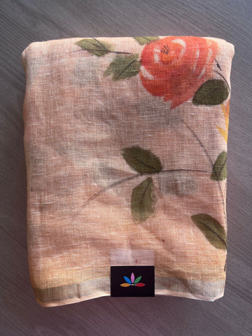 Crayola Peach Designer Handblock Printed Fine Linen Saree-31414