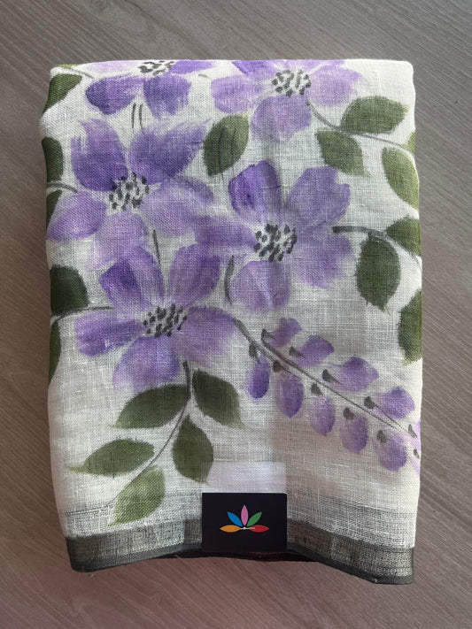 Off-White Designer Handblock Printed Fine Linen Saree-31415