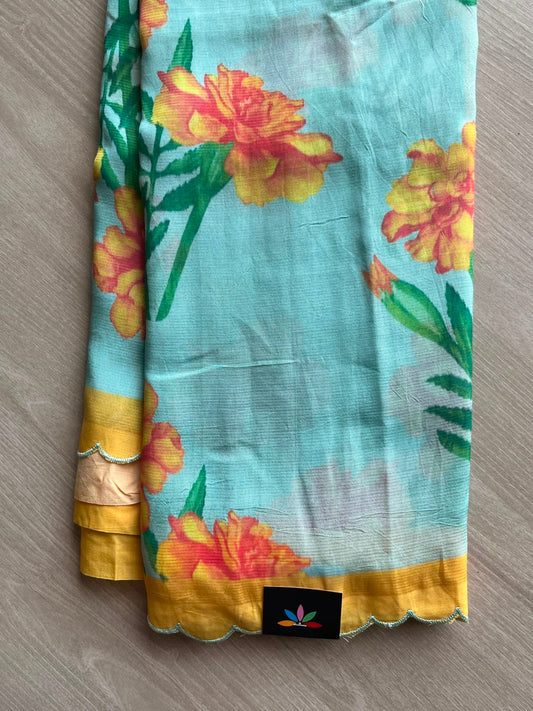 Light Blue Scallop Border Digital Printed Mangalagiri Silk Cotton Saree - 35418