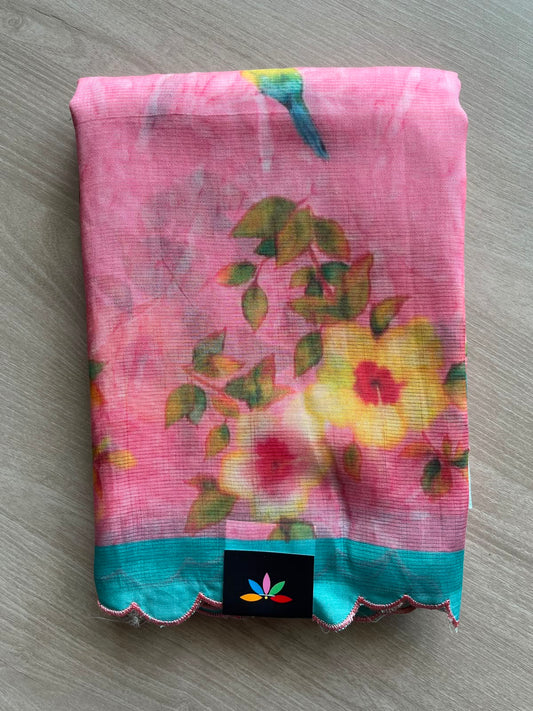 Flamingo Pink Scallop Border Digital Printed Mangalagiri Silk Cotton Saree - 35419