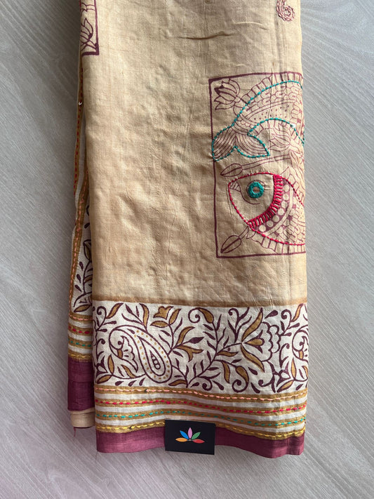 Beige Hand Embroidered Pure Tussar Silk Saree - 31419