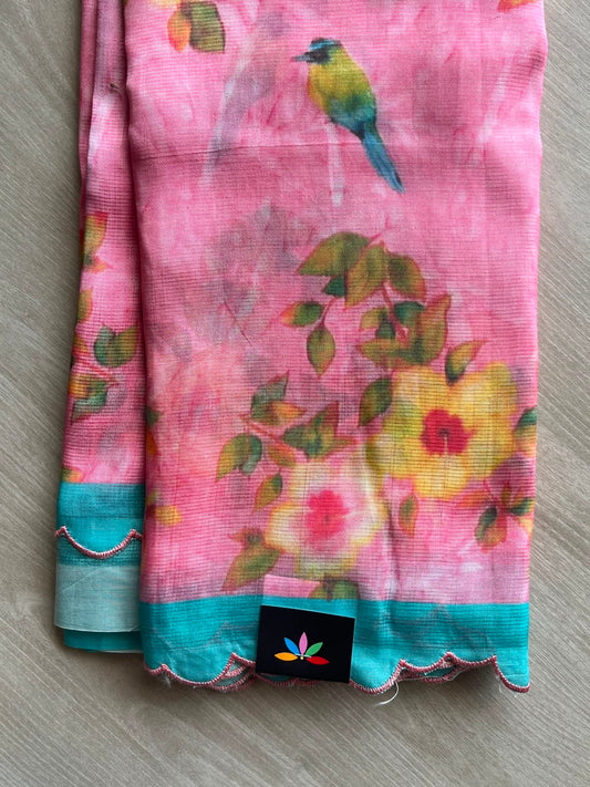 Flamingo Pink Scallop Border Digital Printed Mangalagiri Silk Cotton Saree - 35419