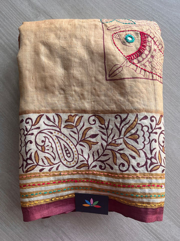 Beige Hand Embroidered Pure Tussar Silk Saree - 31419