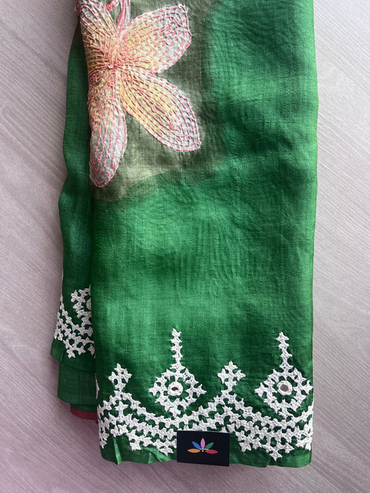 Emerald Green Hand Embroidered Pure Tussar Silk Saree - 31420