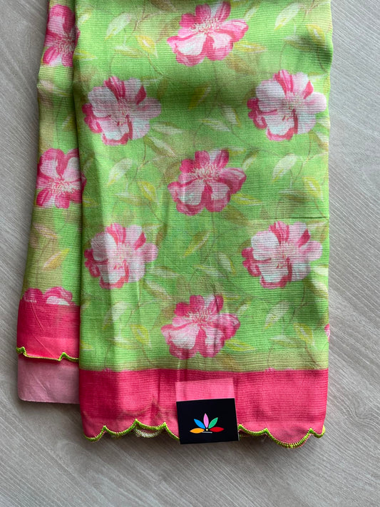 Pistachio Green Scallop Border Digital Printed Mangalagiri Silk Cotton Saree - 35420