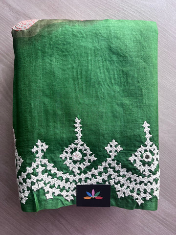 Emerald Green Hand Embroidered Pure Tussar Silk Saree - 31420