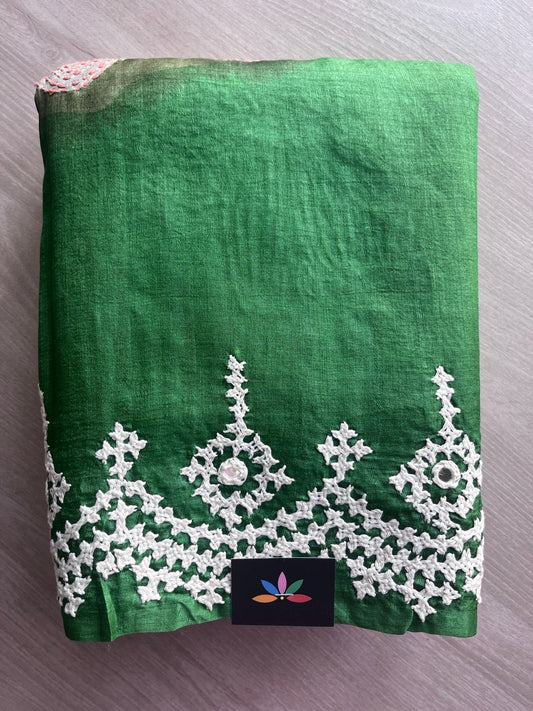 Emerald Green Hand Embroidered Pure Tussar Silk Saree - 31420