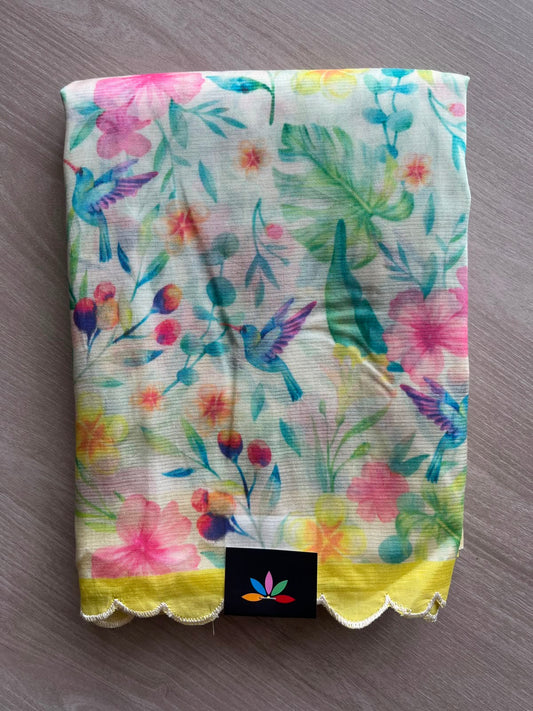 Off-White Scallop Border Digital Printed Mangalagiri Silk Cotton Saree - 35421