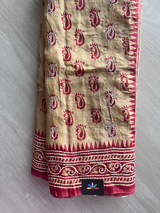 Beige Hand Embroidered Pure Tussar Silk Saree - 31421