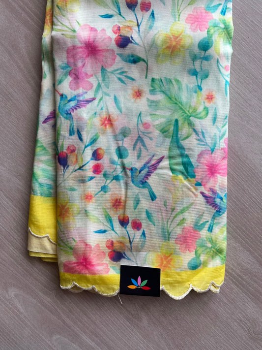 Off-White Scallop Border Digital Printed Mangalagiri Silk Cotton Saree - 35421