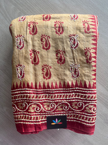 Beige Hand Embroidered Pure Tussar Silk Saree - 31421