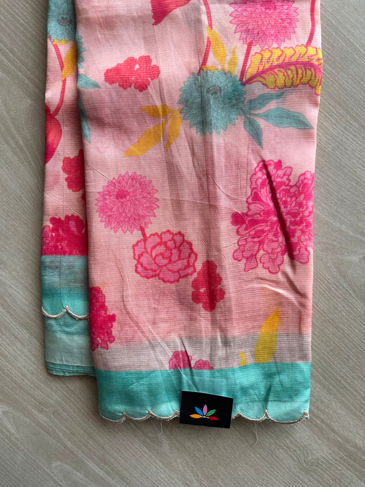 Apricot Pink Scallop Border Digital Printed Mangalagiri Silk Cotton Saree - 35423
