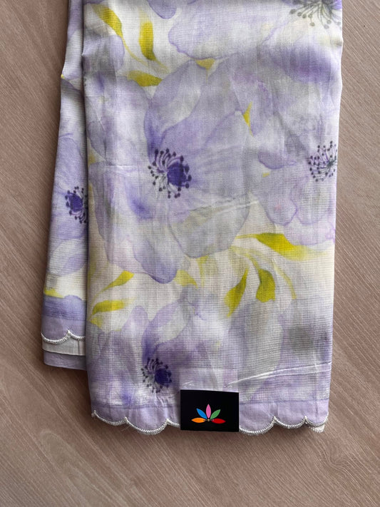 Lavender Purple Scallop Border Digital Printed Mangalagiri Silk Cotton Saree - 35424