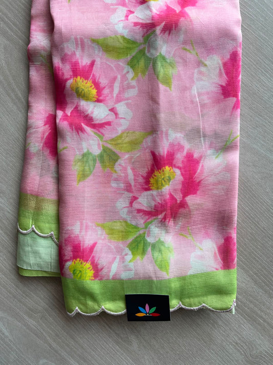 Light Pink Scallop Border Digital Printed Mangalagiri Silk Cotton Saree - 35425