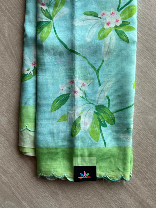 Light Arctic Blue Scallop Border Digital Printed Mangalagiri Silk Cotton Saree - 35426