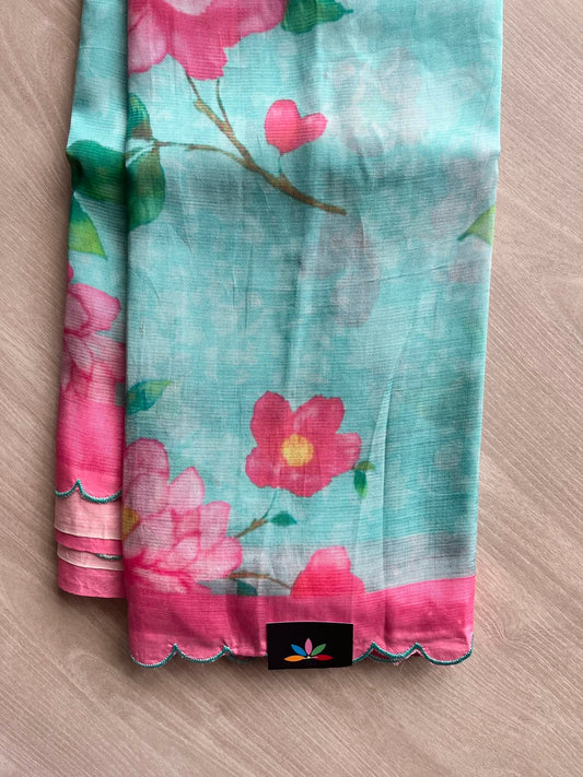 Tiffany Blue Scallop Border Digital Printed Mangalagiri Silk Cotton Saree - 35431