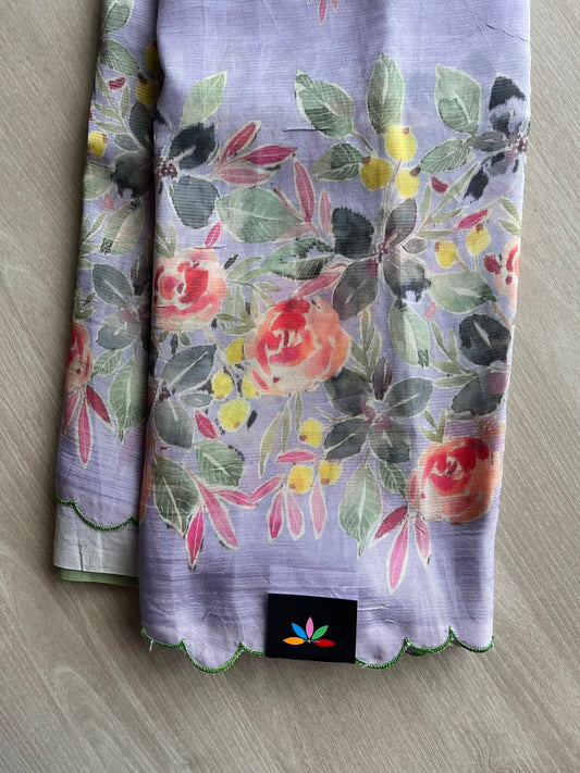 Light Purple Scallop Border Digital Printed Mangalagiri Silk Cotton Saree - 35432