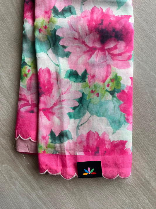 Off-White Scallop Border Digital Printed Mangalagiri Silk Cotton Saree - 35433