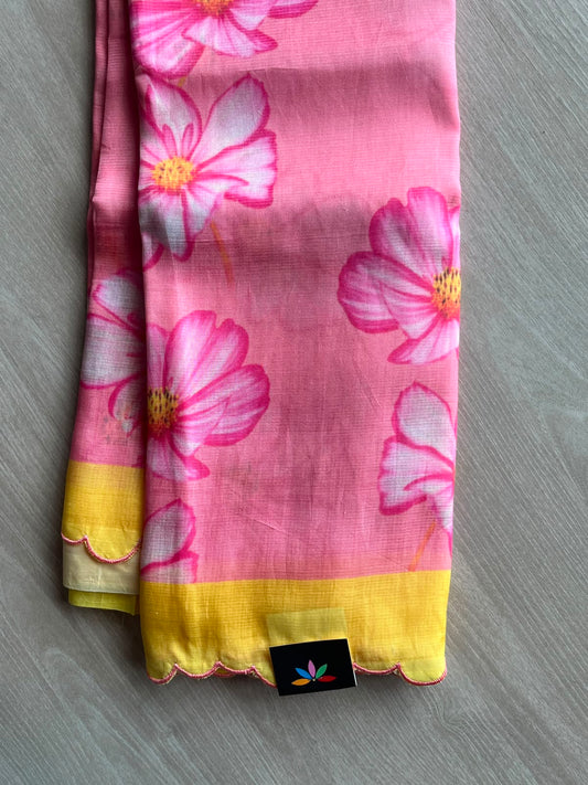 Flamingo Pink Scallop Border Digital Printed Mangalagiri Silk Cotton Saree - 35434