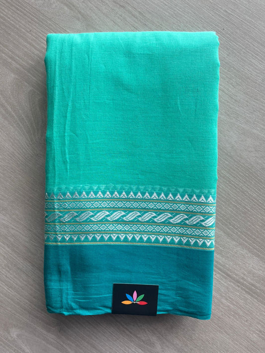 Aquamarine Green Contrast Border Bengal Soft Cotton Saree (Without Blouse) - 32692-32694