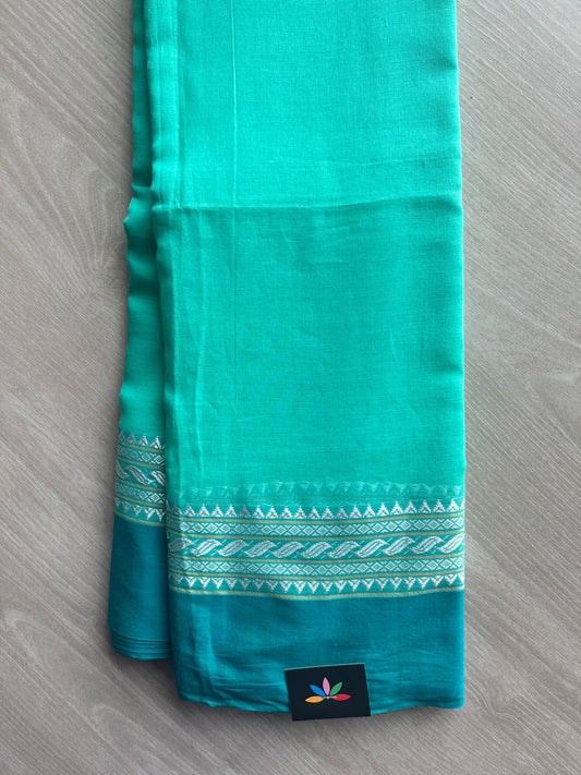 Aquamarine Green Contrast Border Bengal Soft Cotton Saree (Without Blouse) - 32692-32694