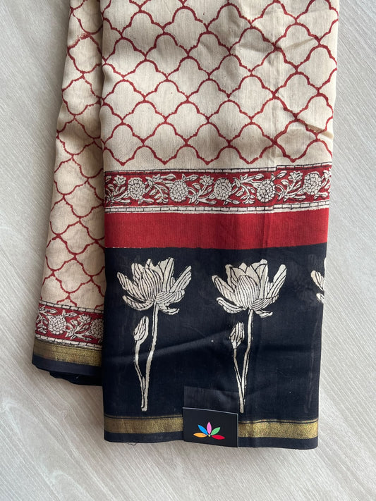 Handblock Printed Chanderi Cotton Silk Saree - 35957-35958
