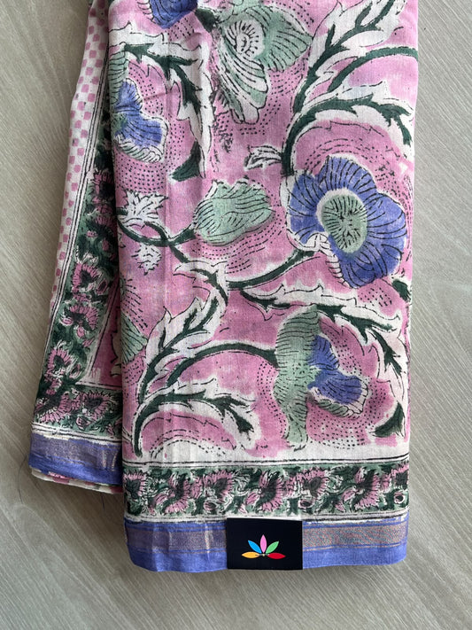 Handblock Printed Chanderi Cotton Silk Saree - 35965-35966