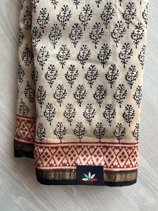 Handblock Printed Chanderi Cotton Silk Saree - 35969-35970