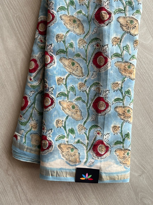 Handblock Printed Chanderi Cotton Silk Saree - 35971-35972