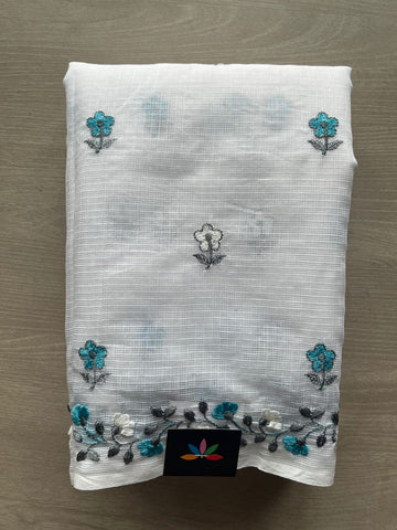 White Embroidered Kota Cotton Saree - 33229