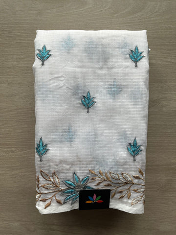 White Embroidered Kota Cotton Saree - 33230