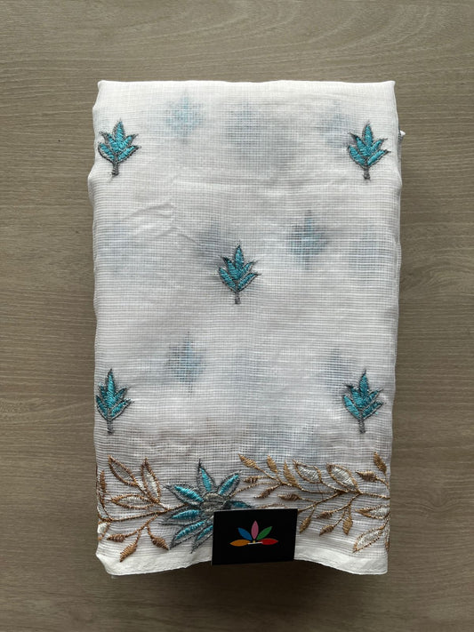 White Embroidered Kota Cotton Saree - 33230